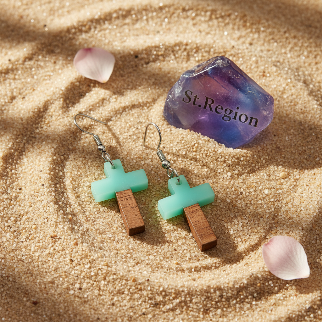 Green Resin & Wood Silvertone Cross Hook Earrings - Street Region