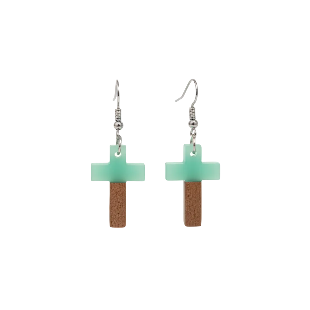 Green Resin & Wood Silvertone Cross Hook Earrings - Street Region