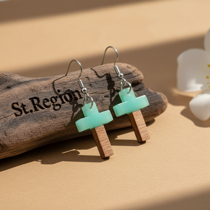 Green Resin & Wood Silvertone Cross Hook Earrings - Street Region