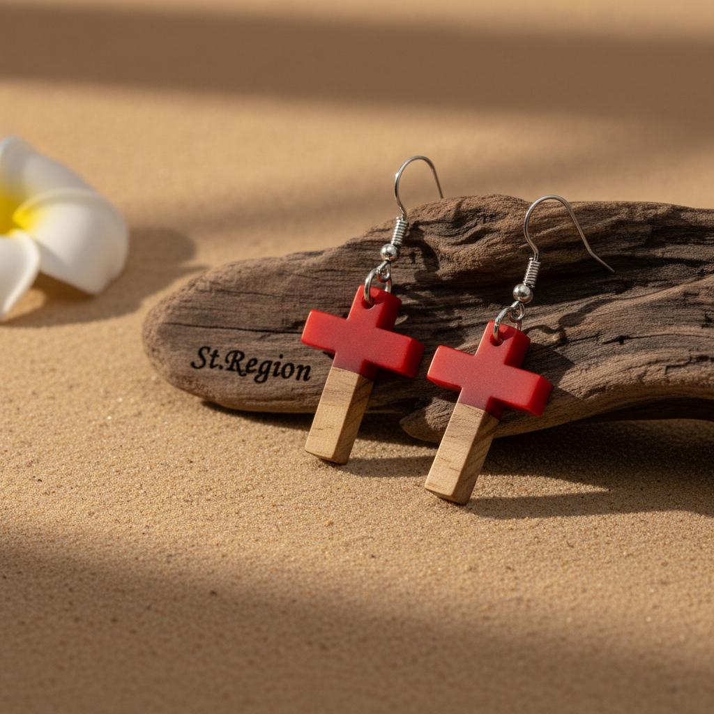Red Resin and Wood Silvertone Cross Hook Earrings, silver drop earrings for women, everyday style, front view
