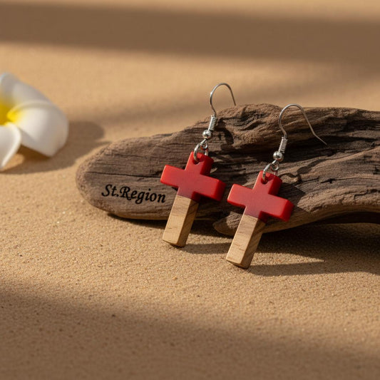 Red Resin and Wood Silvertone Cross Hook Earrings, gold drop earrings for women, everyday style, front view