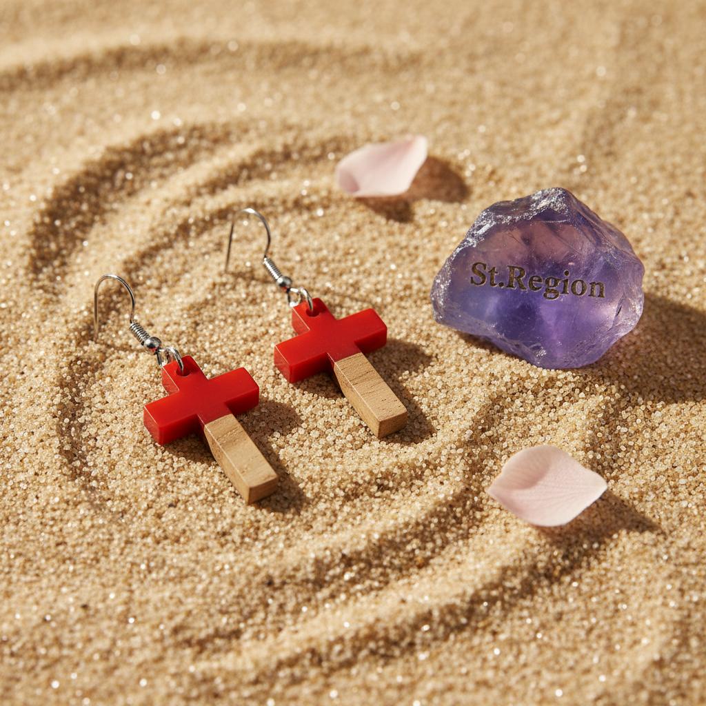 Red Resin and Wood Silvertone Cross Hook Earrings, silver drop earrings for women, everyday style, detail close-up