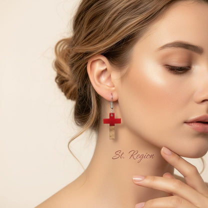 Red Resin and Wood Silvertone Cross Hook Earrings, silver drop earrings for women, everyday style, styled look