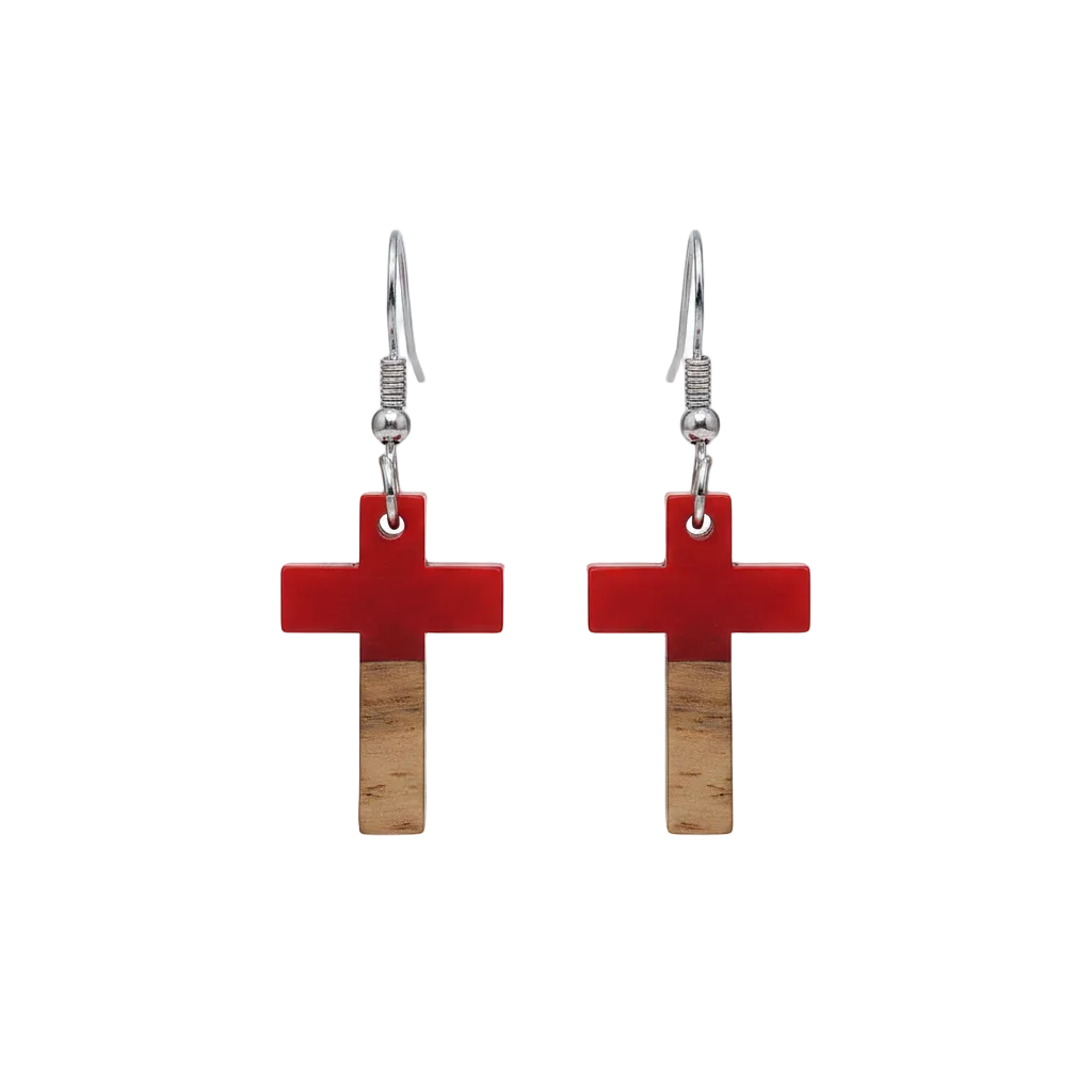 Red Resin & Wood Silvertone Cross Hook Earrings - Street Region