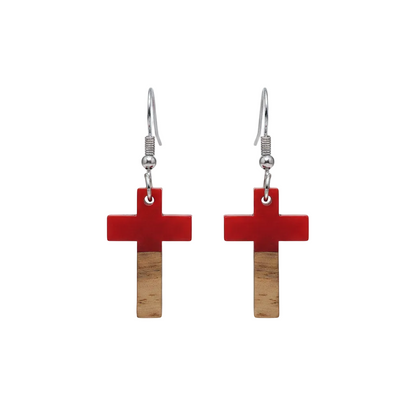 Red Resin & Wood Silvertone Cross Hook Earrings - Street Region