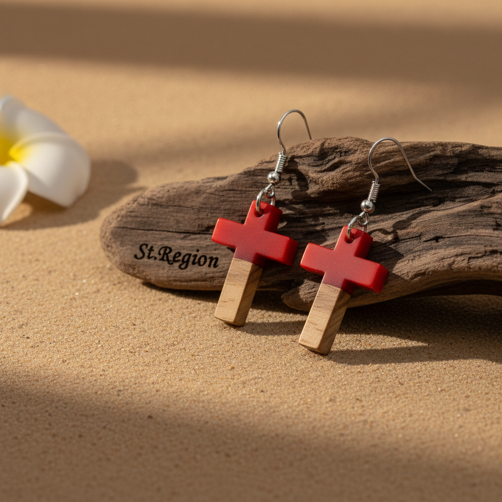 Red Resin & Wood Silvertone Cross Hook Earrings - Street Region