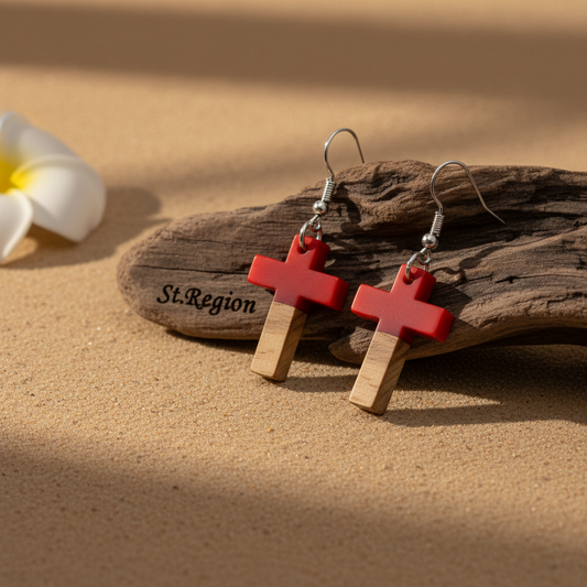 Red Resin & Wood Silvertone Cross Hook Earrings - Street Region