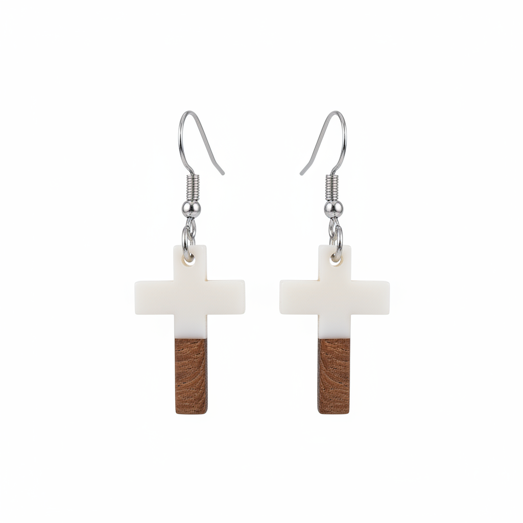 White Resin & Wood Silvertone Cross Hook Earrings - Street Region