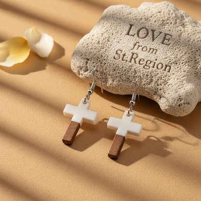White Resin & Wood Silvertone Cross Hook Earrings - Street Region