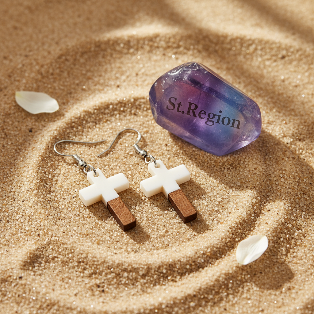 White Resin & Wood Silvertone Cross Hook Earrings - Street Region