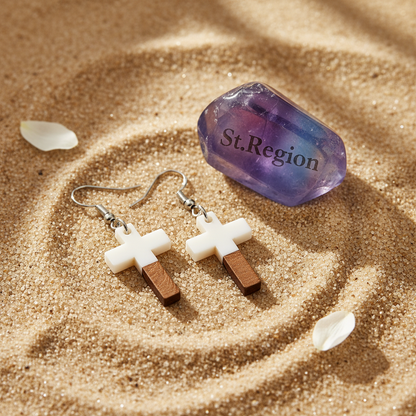 White Resin & Wood Silvertone Cross Hook Earrings - Street Region