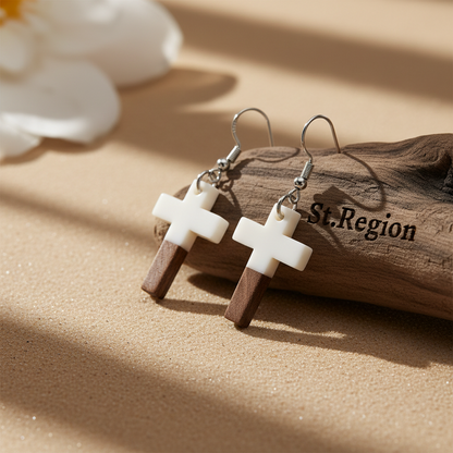 White Resin & Wood Silvertone Cross Hook Earrings - Street Region