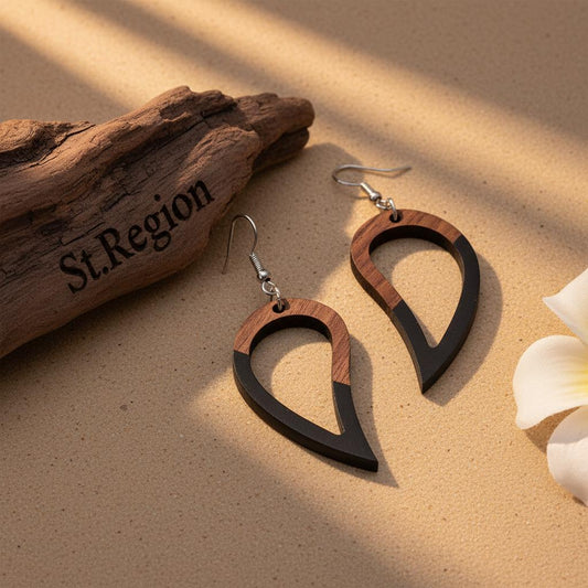 Black Resin and Wood Silvertone Upside-Down Drop Hook Earrings, gold drop earrings for women, front view