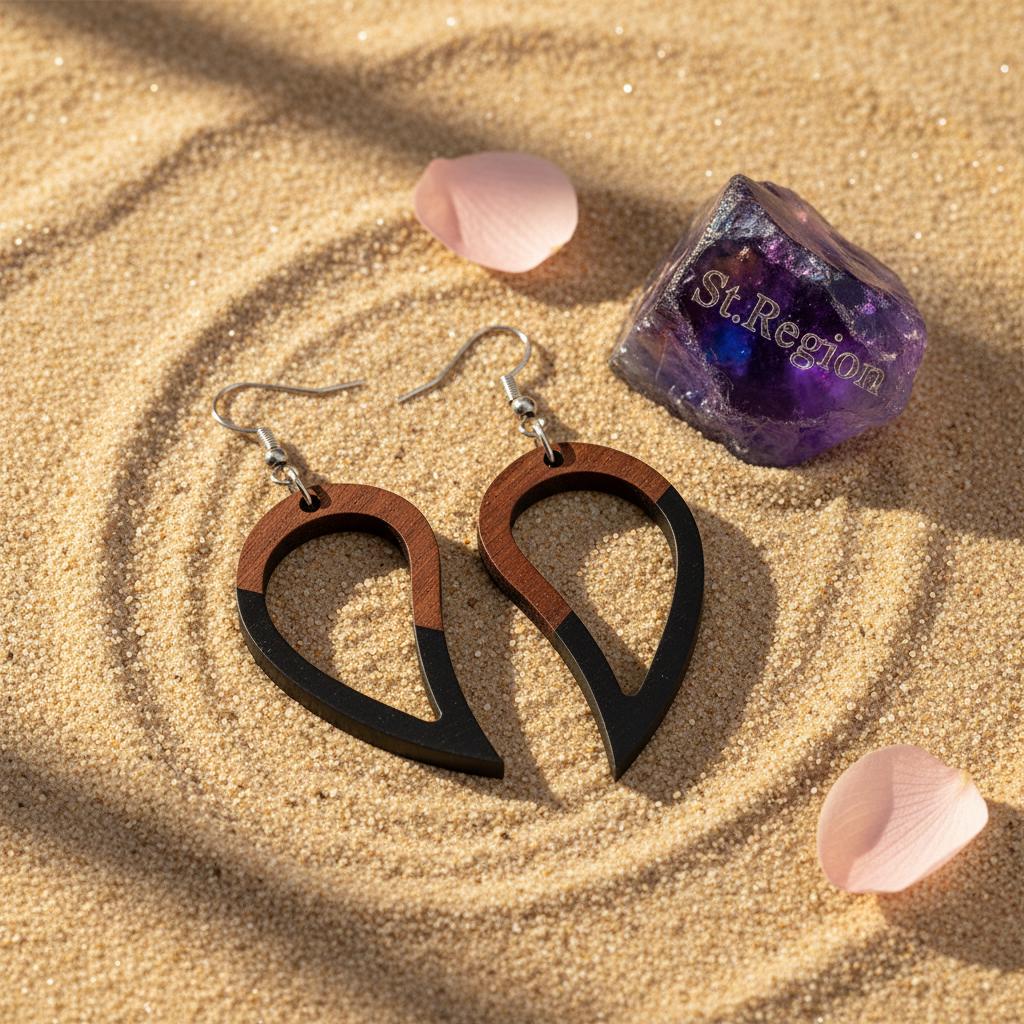 Black Resin and Wood Silvertone Upside-Down Drop Hook Earrings, silver drop earrings for women, detail close-up