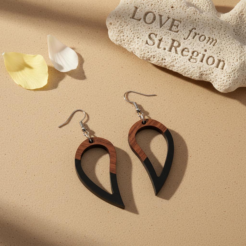 Black Resin and Wood Silvertone Upside-Down Drop Hook Earrings, silver drop earrings for women, lifestyle look