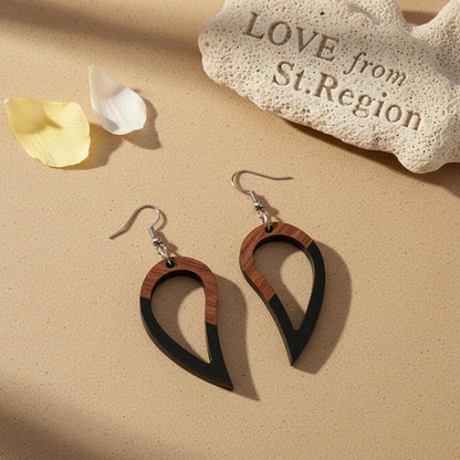 Black Resin and Wood Silvertone Upside-Down Drop Hook Earrings, silver drop earrings for women, lifestyle look