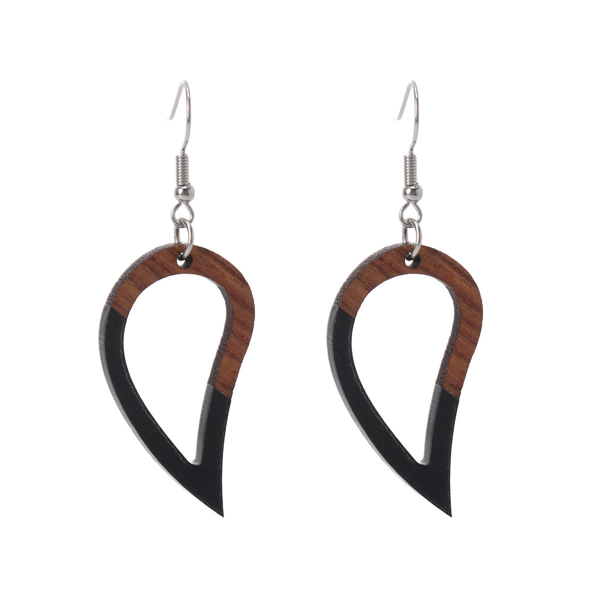 Black Resin & Wood Silvertone Upside-Down Drop Hook Earrings - Street Region