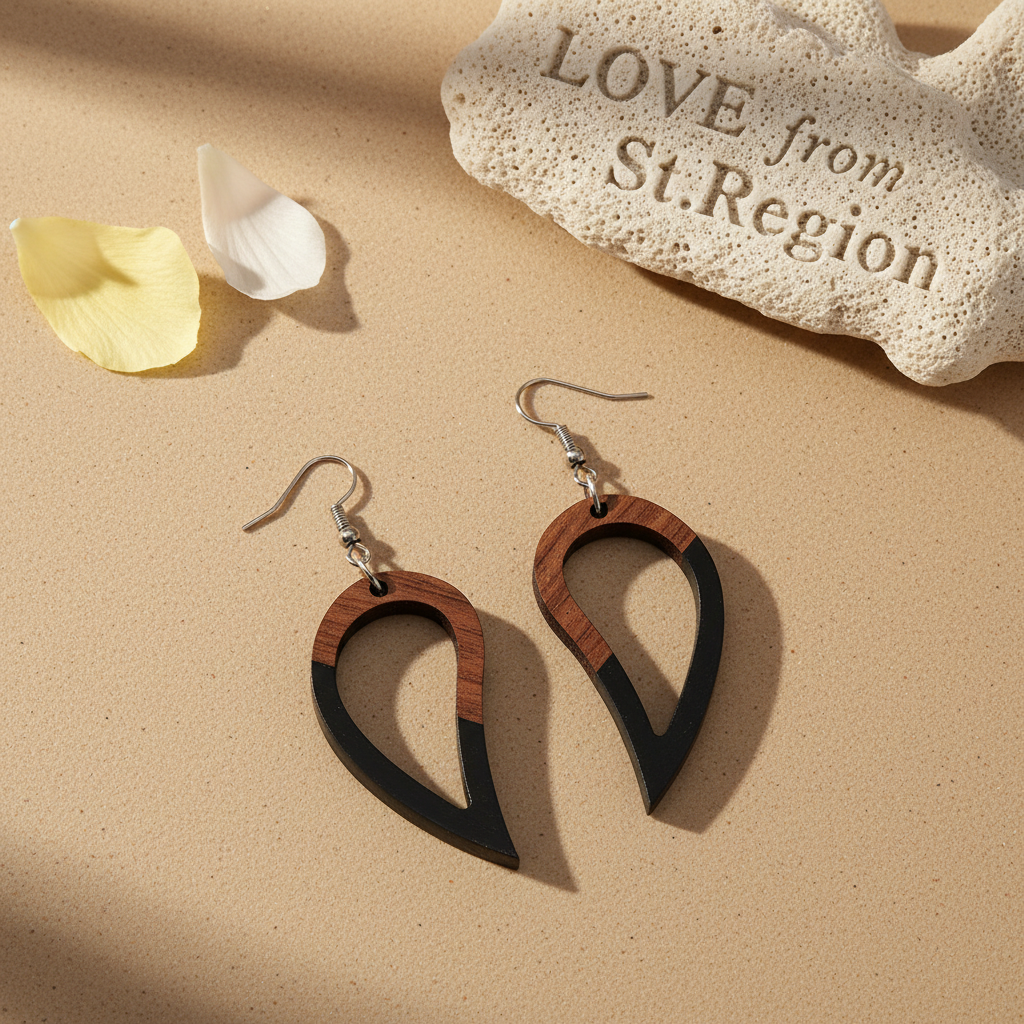 Black Resin & Wood Silvertone Upside-Down Drop Hook Earrings - Street Region