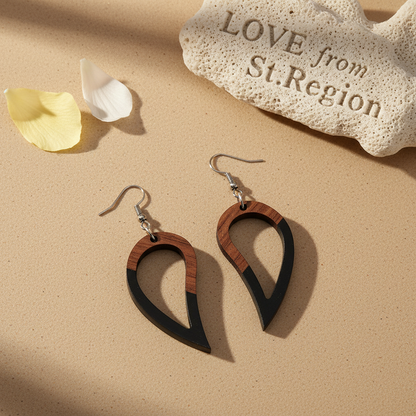 Black Resin & Wood Silvertone Upside-Down Drop Hook Earrings - Street Region