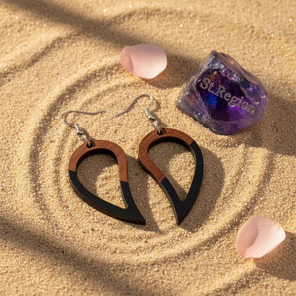 Black Resin & Wood Silvertone Upside-Down Drop Hook Earrings - Street Region