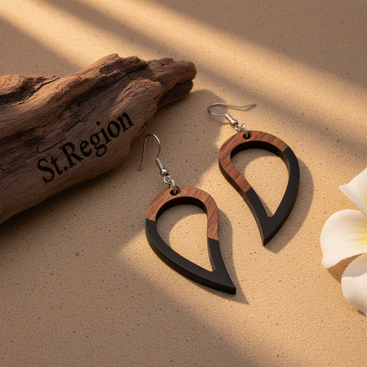 Black Resin & Wood Silvertone Upside-Down Drop Hook Earrings - Street Region