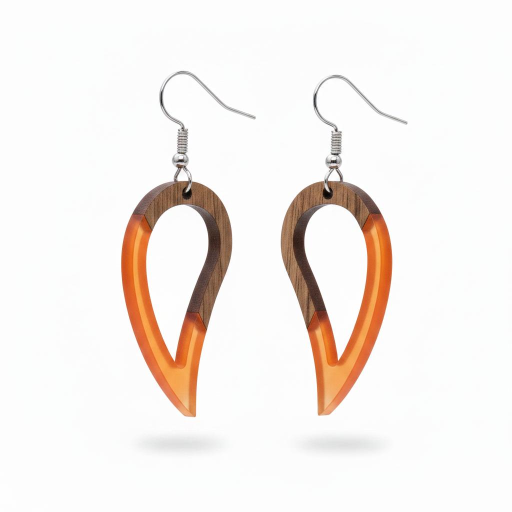 Orange Resin and Wood Silvertone Upside-Down Drop Hook Earrings, silver drop earrings for women, side view