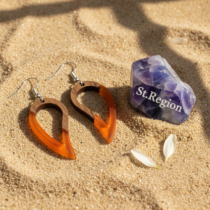 Orange Resin and Wood Silvertone Upside-Down Drop Hook Earrings, silver drop earrings for women, detail close-up