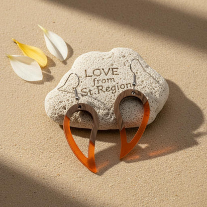 Orange Resin and Wood Silvertone Upside-Down Drop Hook Earrings, silver drop earrings for women, lifestyle look