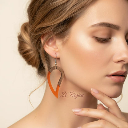 Orange Resin and Wood Silvertone Upside-Down Drop Hook Earrings, silver drop earrings for women, styled look
