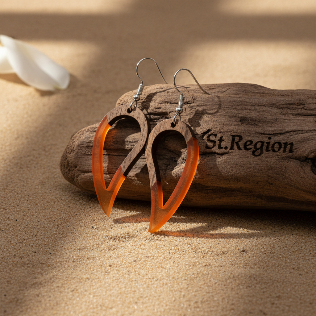 Orange Resin & Wood Silvertone Upside-Down Drop Hook Earrings - Street Region