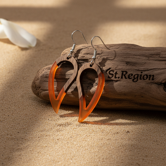 Orange Resin & Wood Silvertone Upside-Down Drop Hook Earrings - Street Region