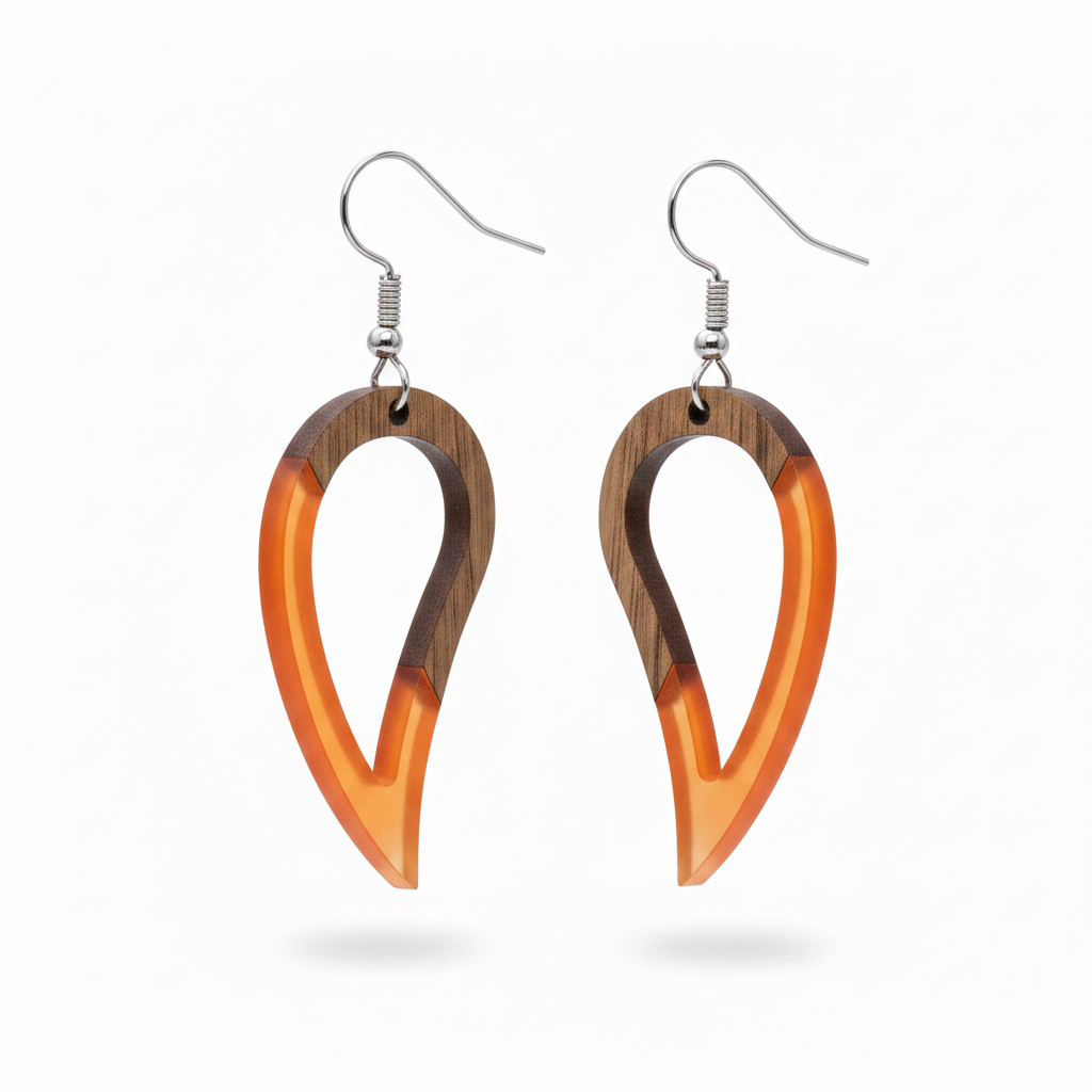 Orange Resin & Wood Silvertone Upside-Down Drop Hook Earrings - Street Region