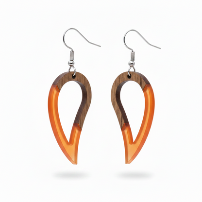 Orange Resin & Wood Silvertone Upside-Down Drop Hook Earrings - Street Region