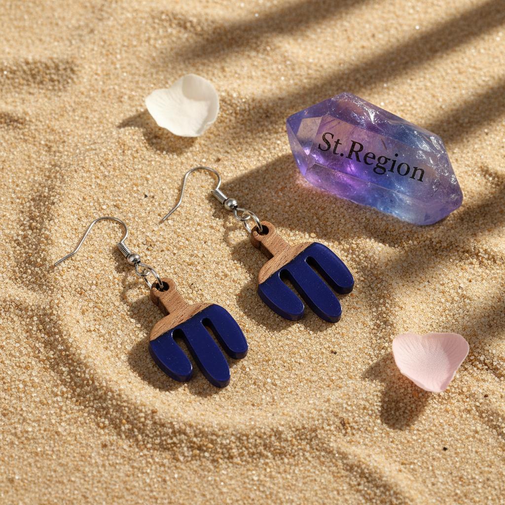 Blue Resin and Wood Silvertone Cactus Hook Earrings, silver drop earrings for women, everyday style, detail close-up