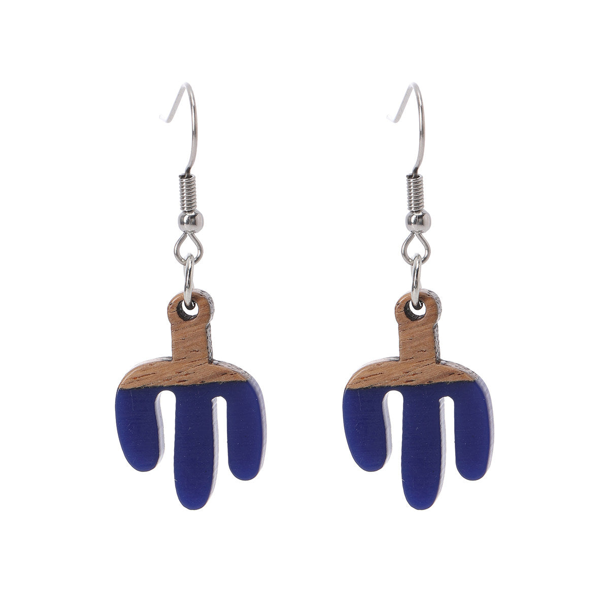 Blue Resin & Wood Silvertone Cactus Hook Earrings - Street Region
