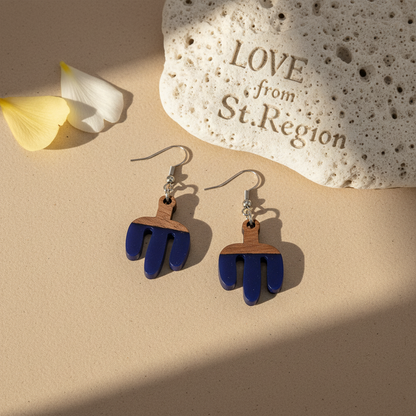 Blue Resin & Wood Silvertone Cactus Hook Earrings - Street Region