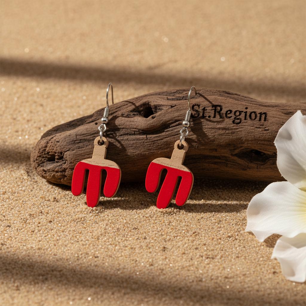 Red Resin and Wood Silvertone Cactus Hook Earrings, silver drop earrings for women, vintage-inspired design, front view