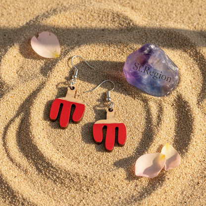 Red Resin and Wood Silvertone Cactus Hook Earrings, silver drop earrings for women, vintage-inspired design, detail close-up