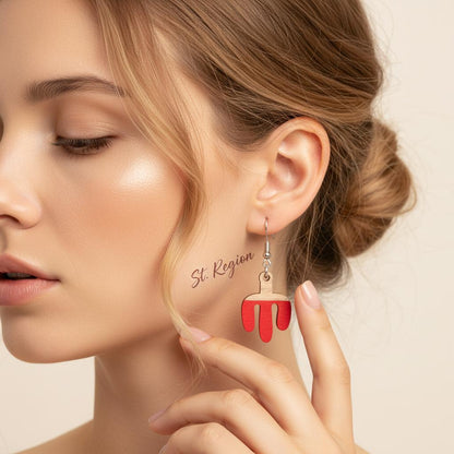 Red Resin and Wood Silvertone Cactus Hook Earrings, silver drop earrings for women, vintage-inspired design, styled look