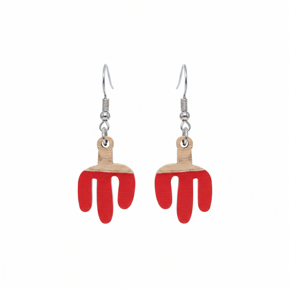 Red Resin & Wood Silvertone Cactus Hook Earrings - Street Region