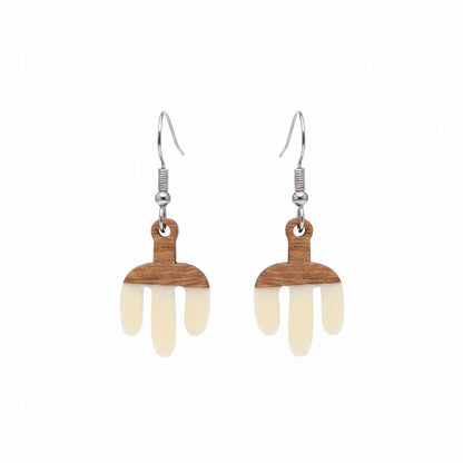 White Resin and Wood Silvertone Cactus Hook Earrings, silver drop earrings for women, dainty minimalist design, side view