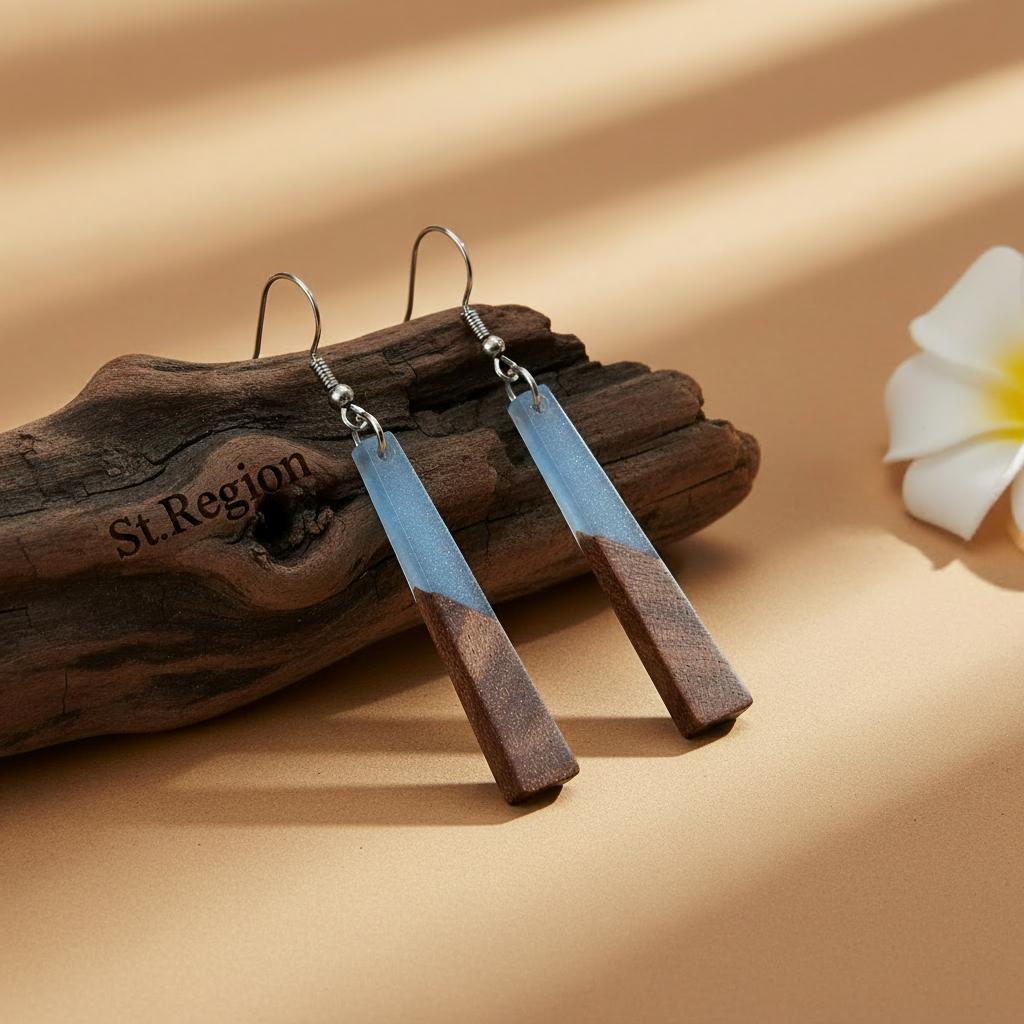 Blue Resin and Wood Silvertone Elongated Trapezoid Hook Earrings, silver drop earrings for women, front view