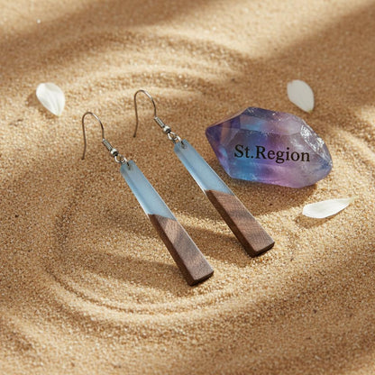 Blue Resin and Wood Silvertone Elongated Trapezoid Hook Earrings, silver drop earrings for women, detail close-up