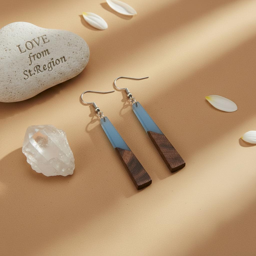 Blue Resin and Wood Silvertone Elongated Trapezoid Hook Earrings, silver drop earrings for women, lifestyle look