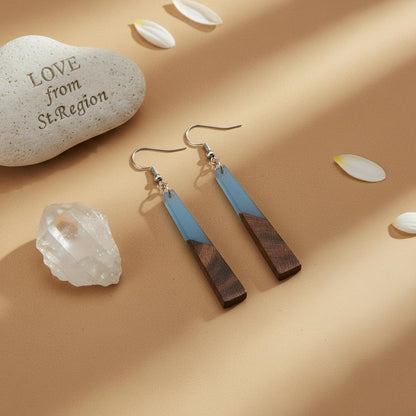 Blue Resin and Wood Silvertone Elongated Trapezoid Hook Earrings, silver drop earrings for women, lifestyle look