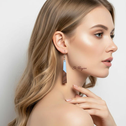 Blue Resin and Wood Silvertone Elongated Trapezoid Hook Earrings, silver drop earrings for women, styled look