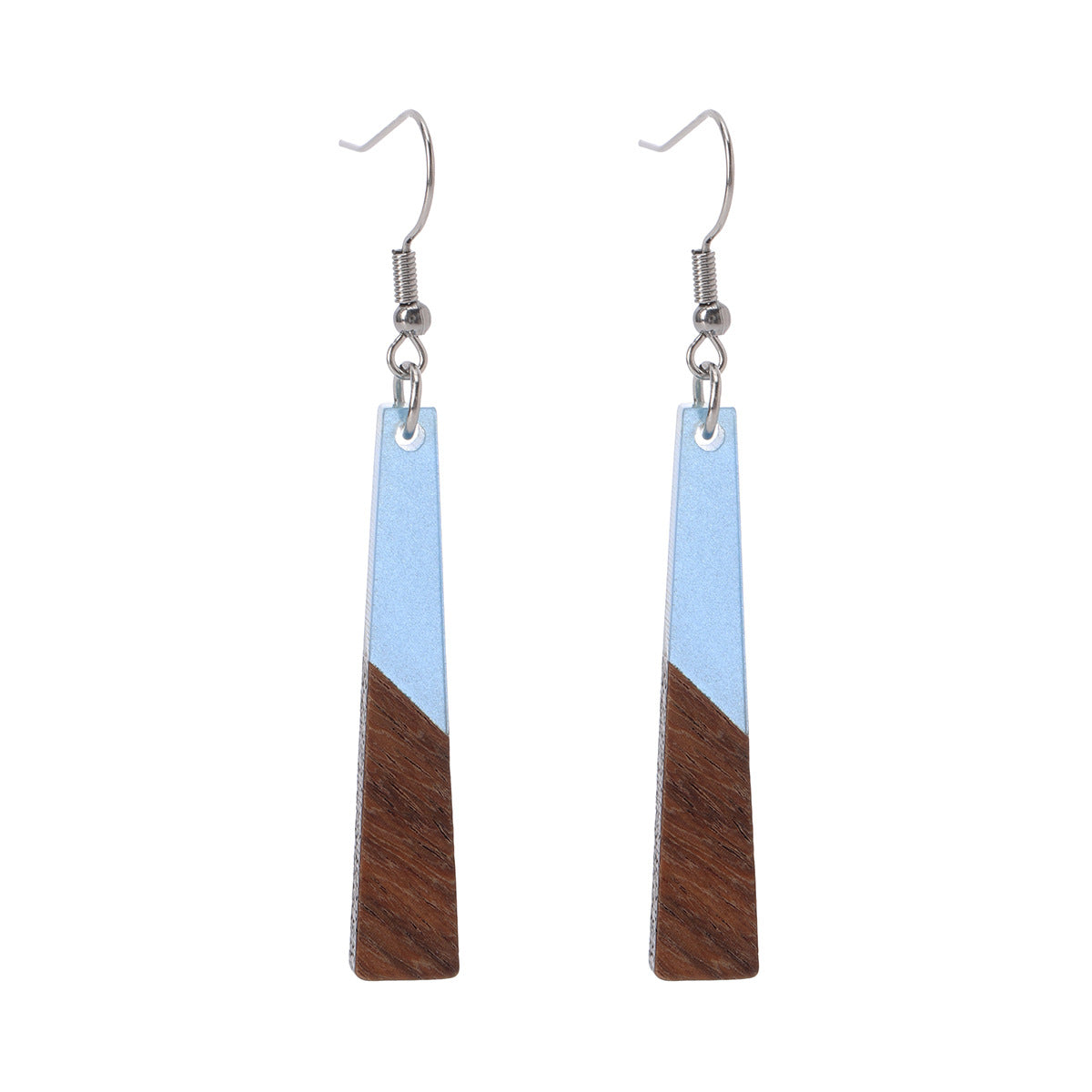 Blue Resin & Wood Silvertone Elongated Trapezoid Hook Earrings - Street Region