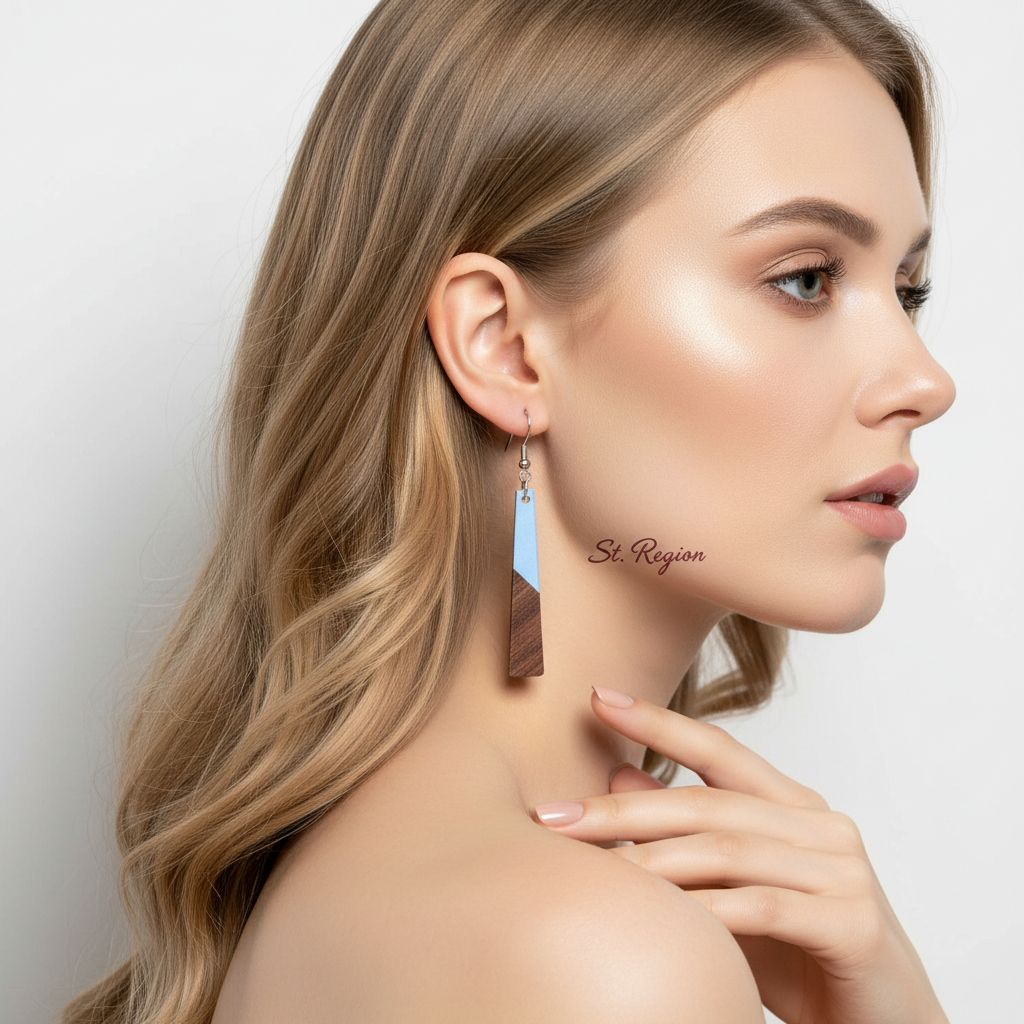 Blue Resin & Wood Silvertone Elongated Trapezoid Hook Earrings - Street Region