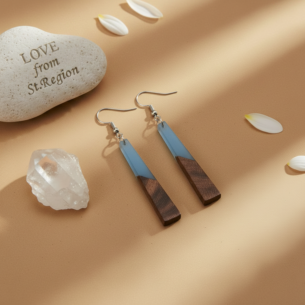 Blue Resin & Wood Silvertone Elongated Trapezoid Hook Earrings - Street Region