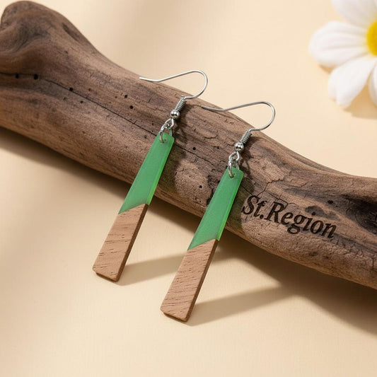 Green Resin and Wood Silvertone Elongated Trapezoid Hook Earrings, gold drop earrings for women, everyday style, front view